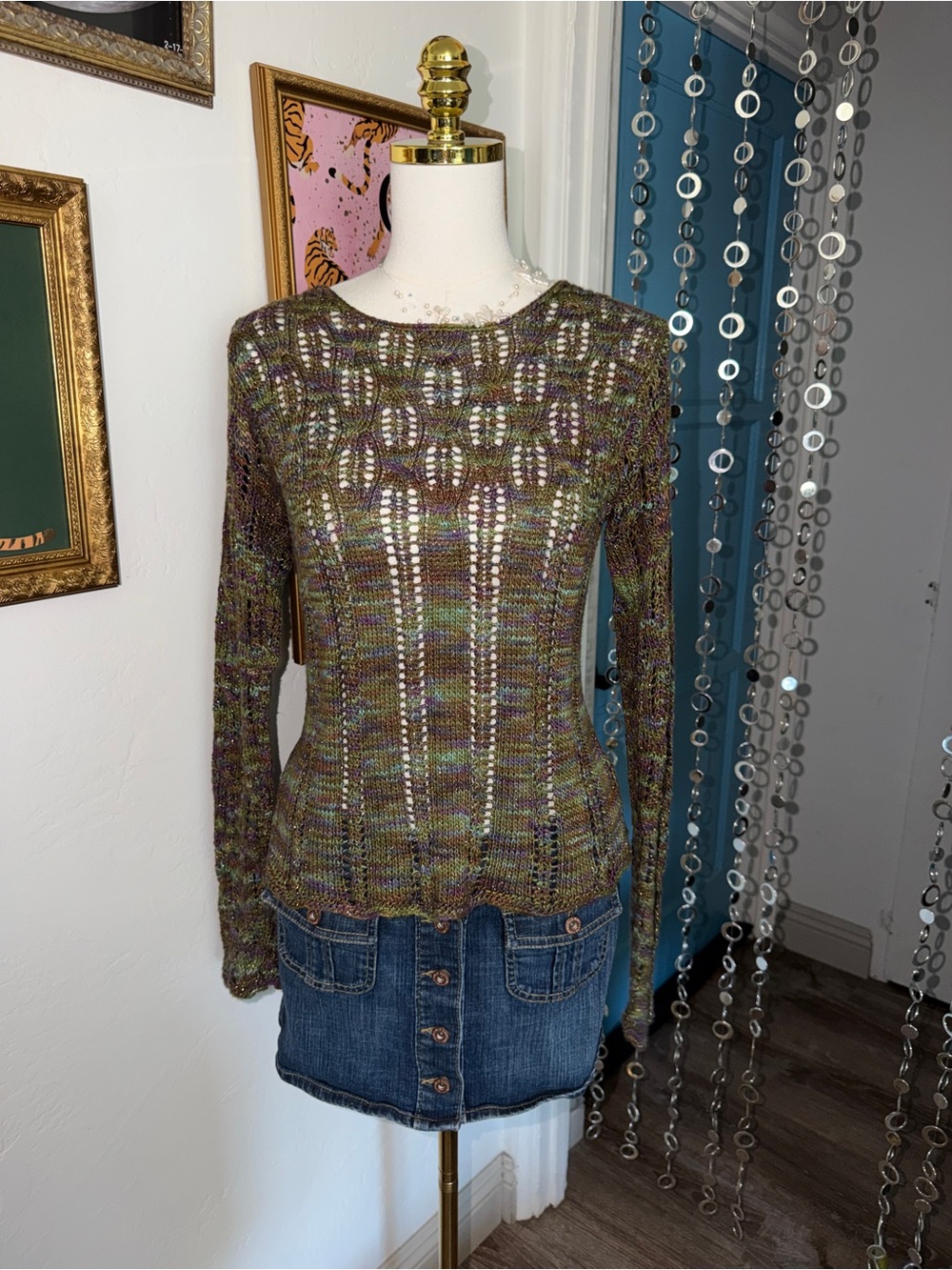 Vintage Y2K Open-Knit Multicolor Lightweight Sweater - Olive & Purple Tones